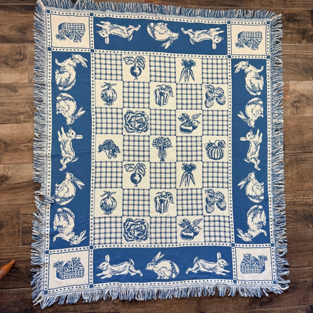 Crown Crafts Vintage Rabbit Garden Gingham Woven Throw Blanket,Blue, OS